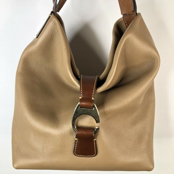 Dooney & Bourke Handbags - Dooney & Bourke Taupe Brown Pebbled Leather Logo Lock Hobo Satchel Hand Bag